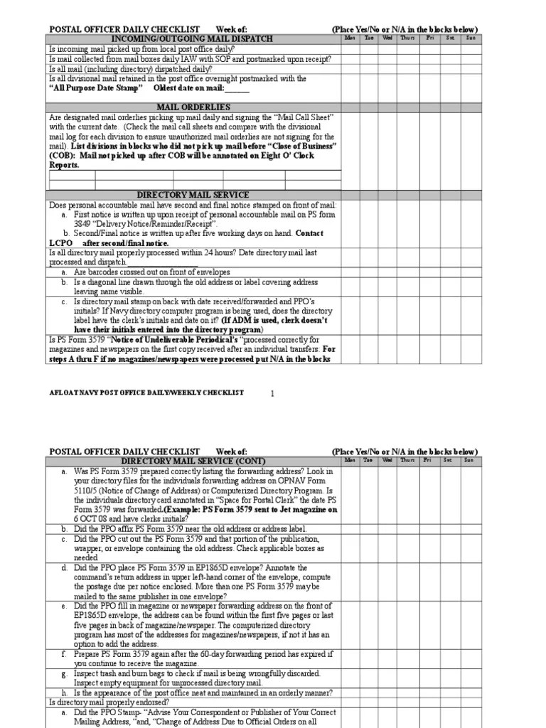 Dailyweekly Checklist Mail United States Postal Service
