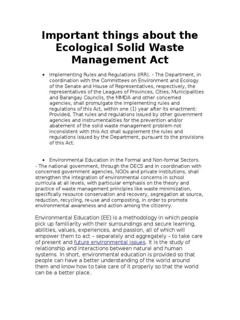 Important Things About the Ecological Solid Waste Management Act