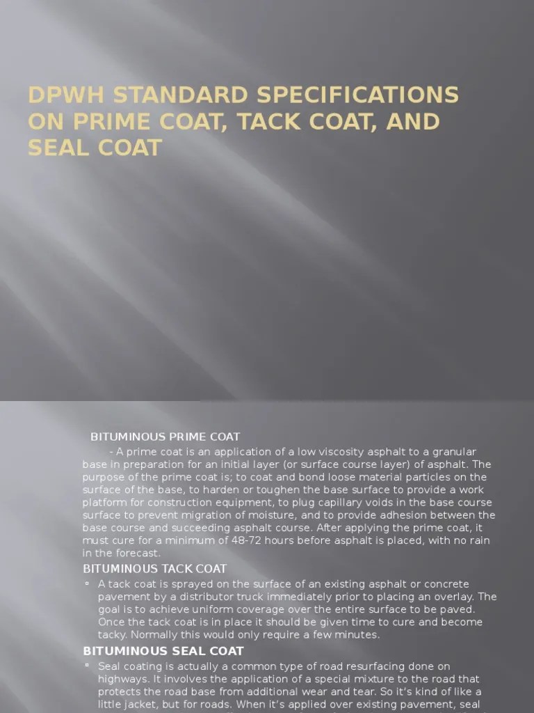 Dpwh Standard Specifications on Prime Coat, Tack Road Surface Asphalt