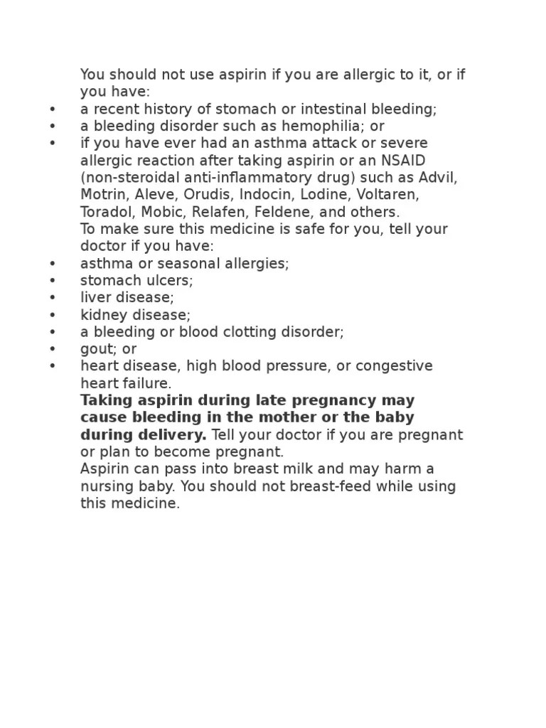 Guidelines for Safe Use of Aspirin Contraindications, Precautions