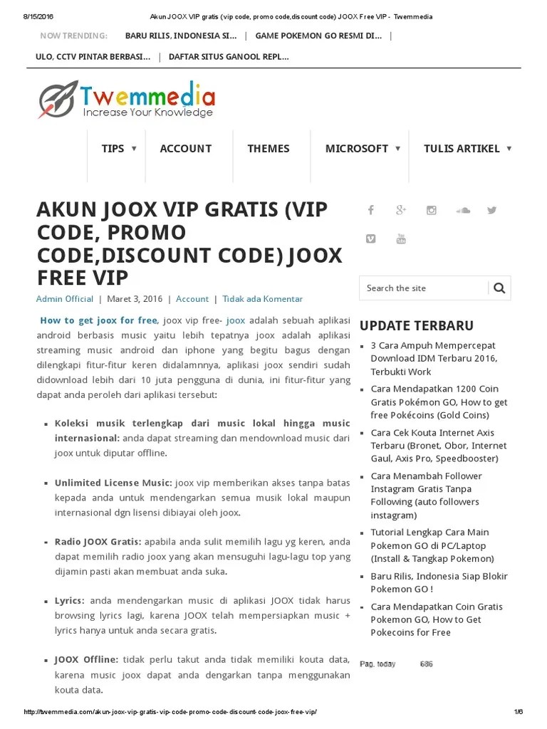 Akun JOOX VIP Gratis (Vip Code, Promo Code,Discount Code