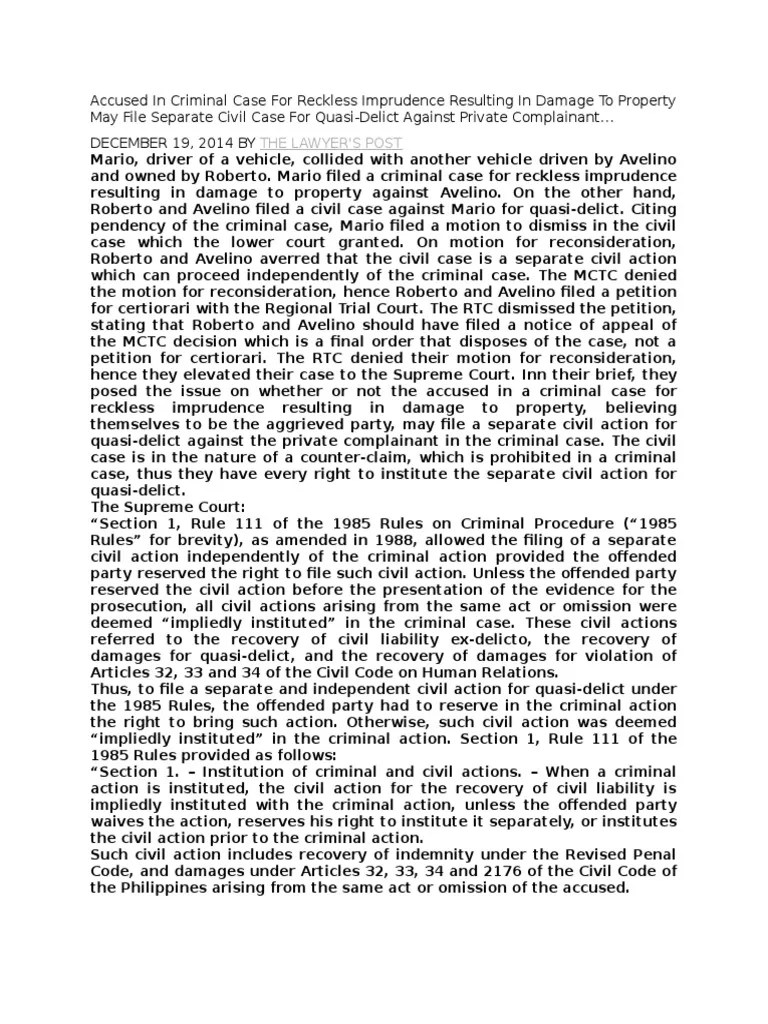 Accused in Criminal Case For Reckless Imprudence Resulting in Damage To