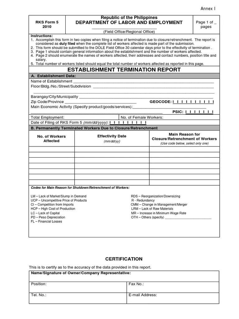 NOTICE TO DOLE CLOSURE RKS Form 5 2010 (1).pdf Labor Economies