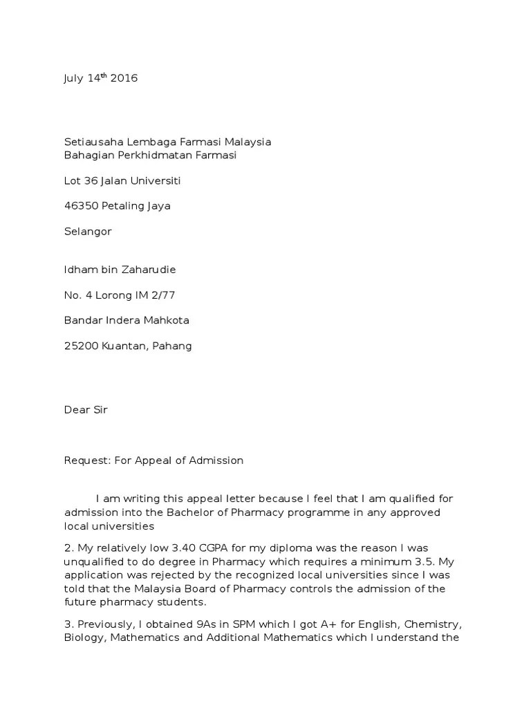 Appeal Letter | Pharmacist | Pharmacy