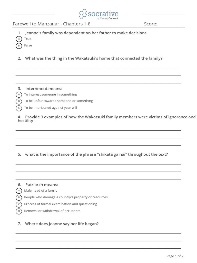 Farewell To Manzanar Reading Quiz PDF