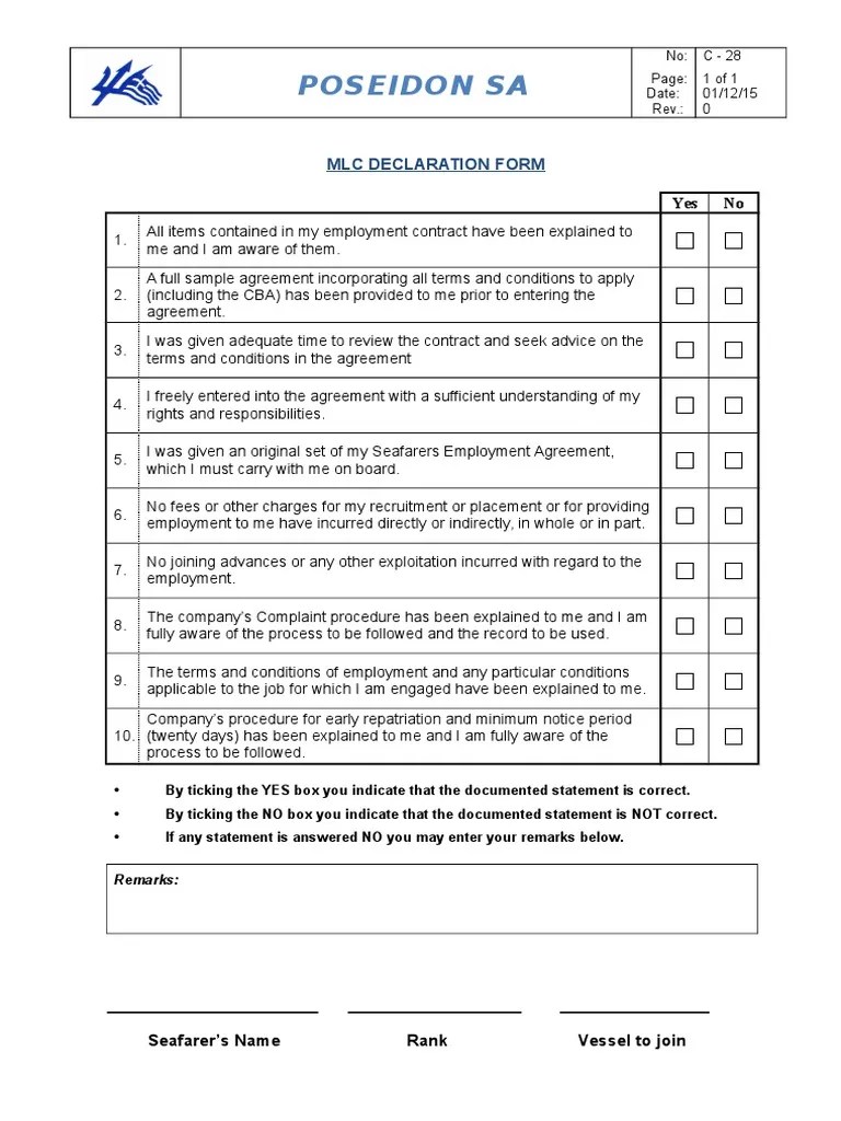 MLC Declaration Form
