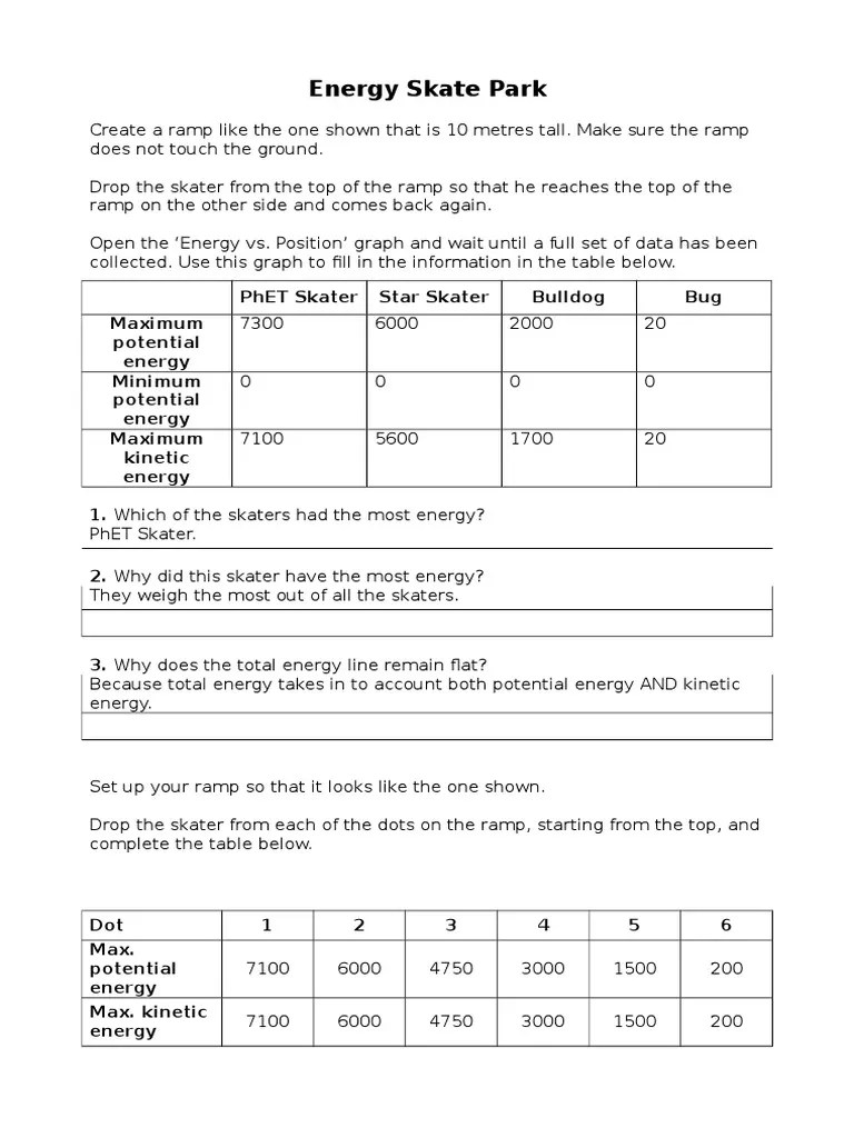 Energy Skate Park PDF Friction Gravity