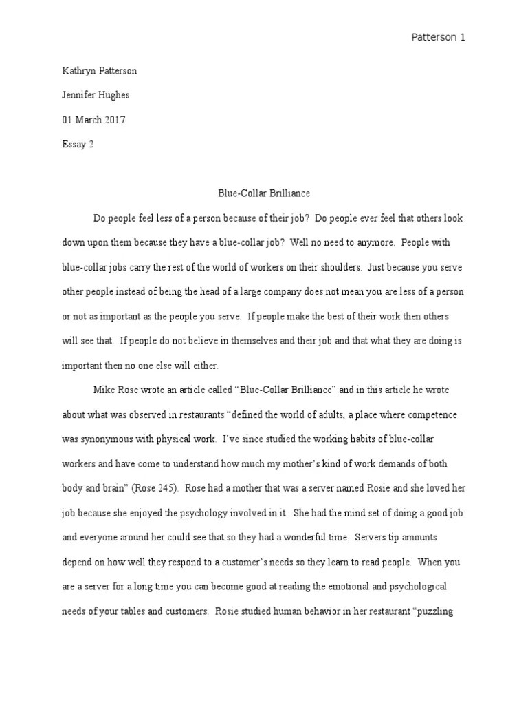 essay 2 blue collar brilliance Blue Collar Worker Learning