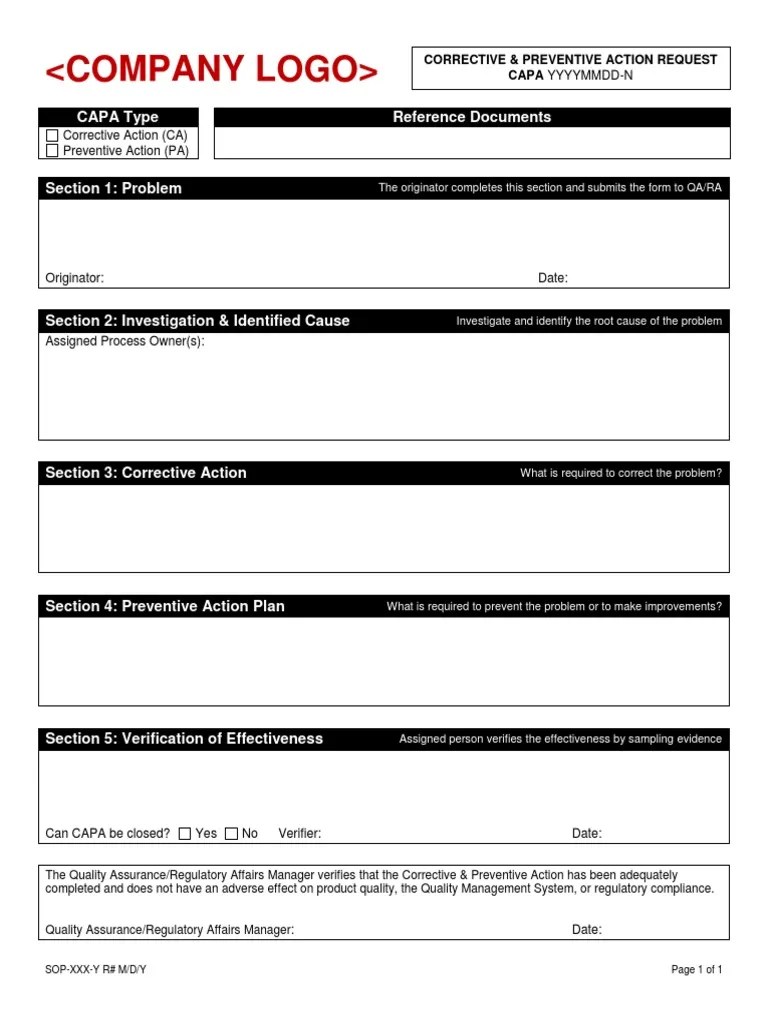 CAPA Form Example Quality Assurance Production And Manufacturing