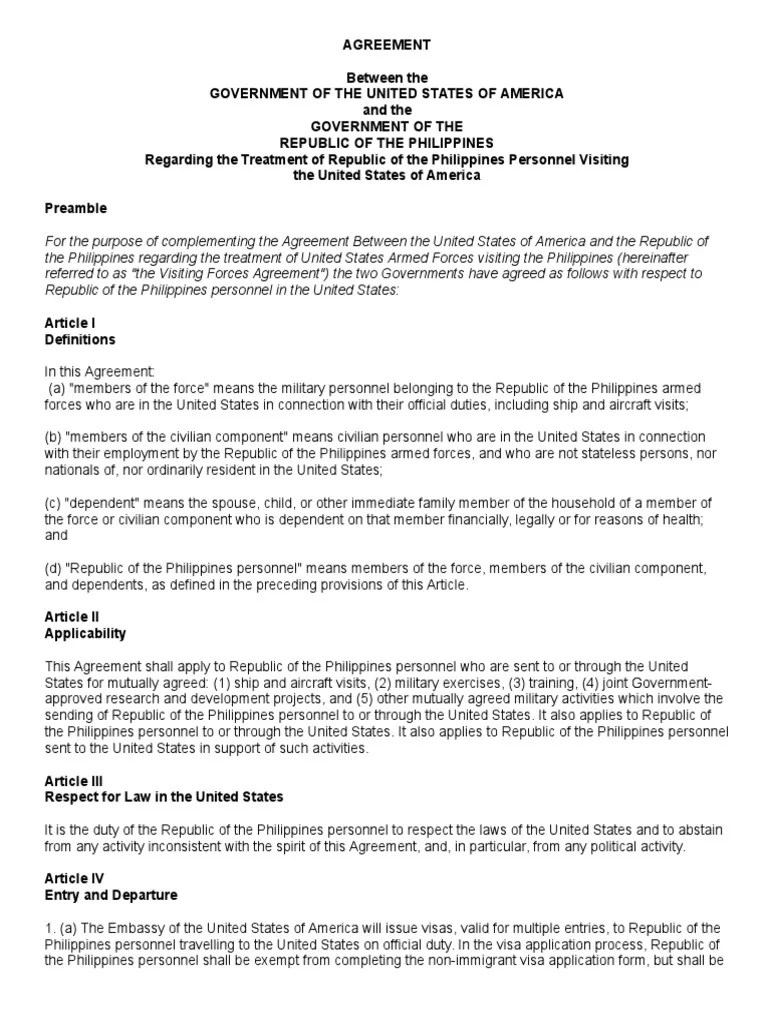 VISITING FORCES AGREEMENT 2 Travel Visa Federal Government Of The
