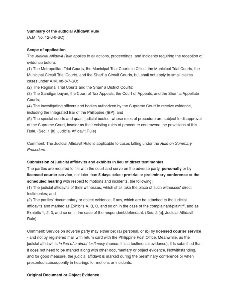 Summary of The Judicial Affidavit Rule PDF Affidavit Perjury