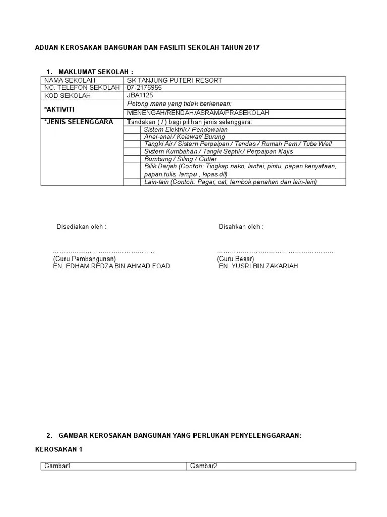 Contoh Laporan Kerosakan Bangunan Sekolah