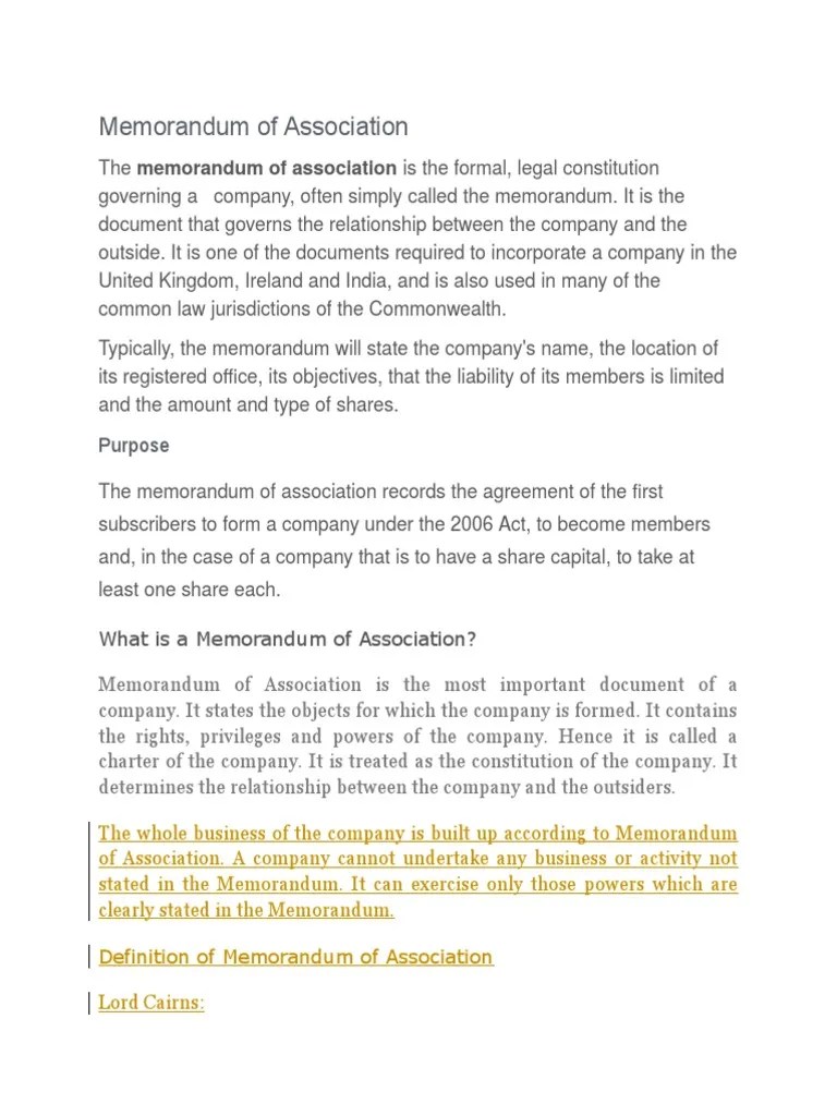 Memorandum of Association Articles Of Association Board Of Directors