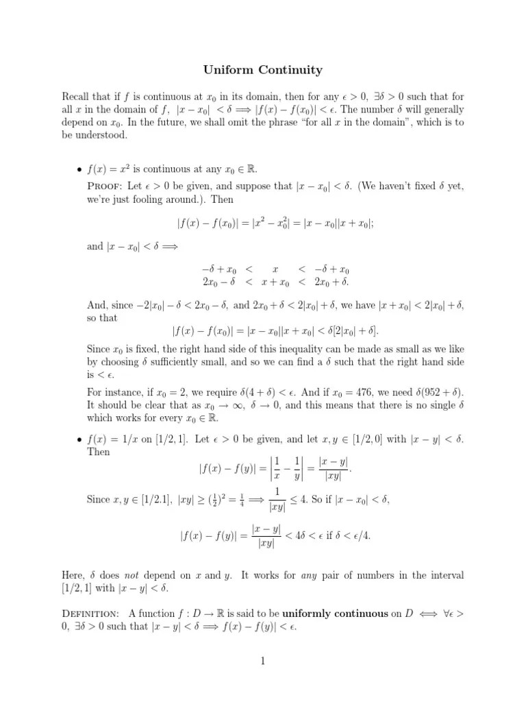 Uniform Continuity PDF Continuous Function Space