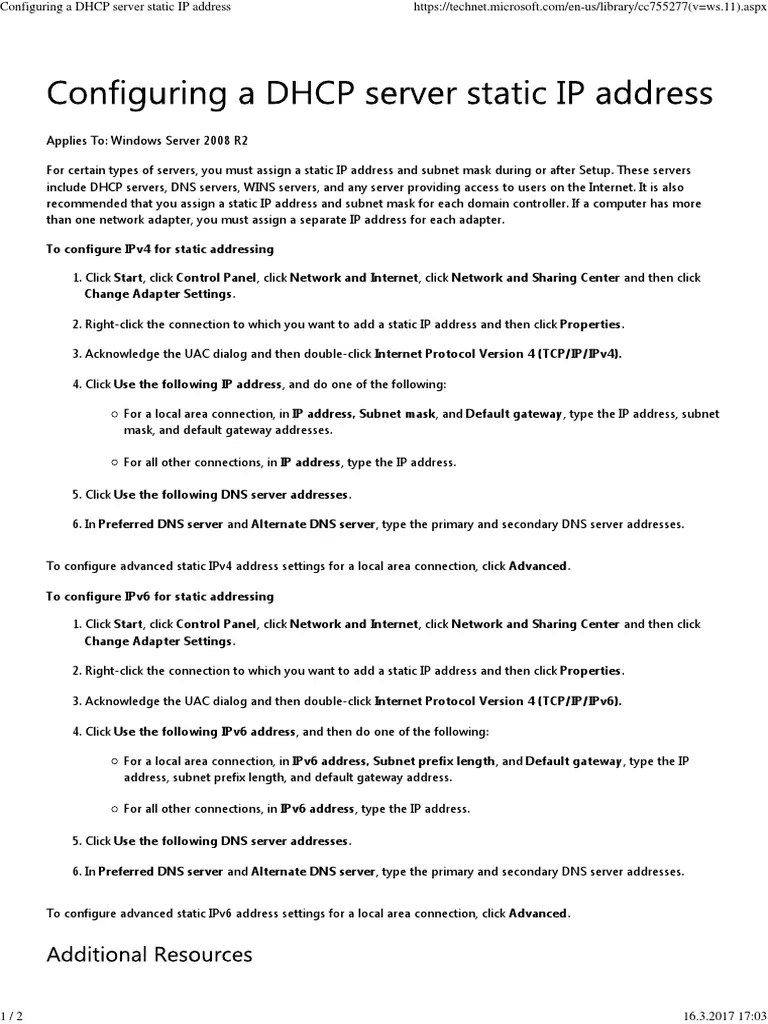Configuring A DHCP Server Static IP Address PDF Ip Address