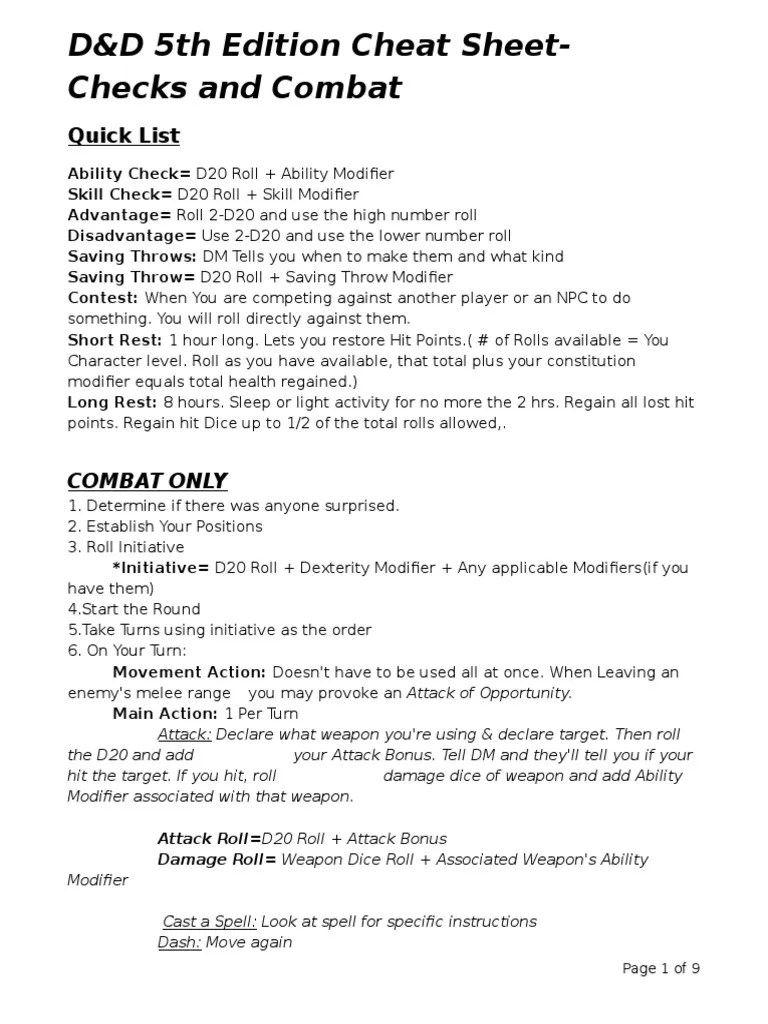Checks and Combat Cheat Sheet D&D 5e Dungeons & Dragons Role