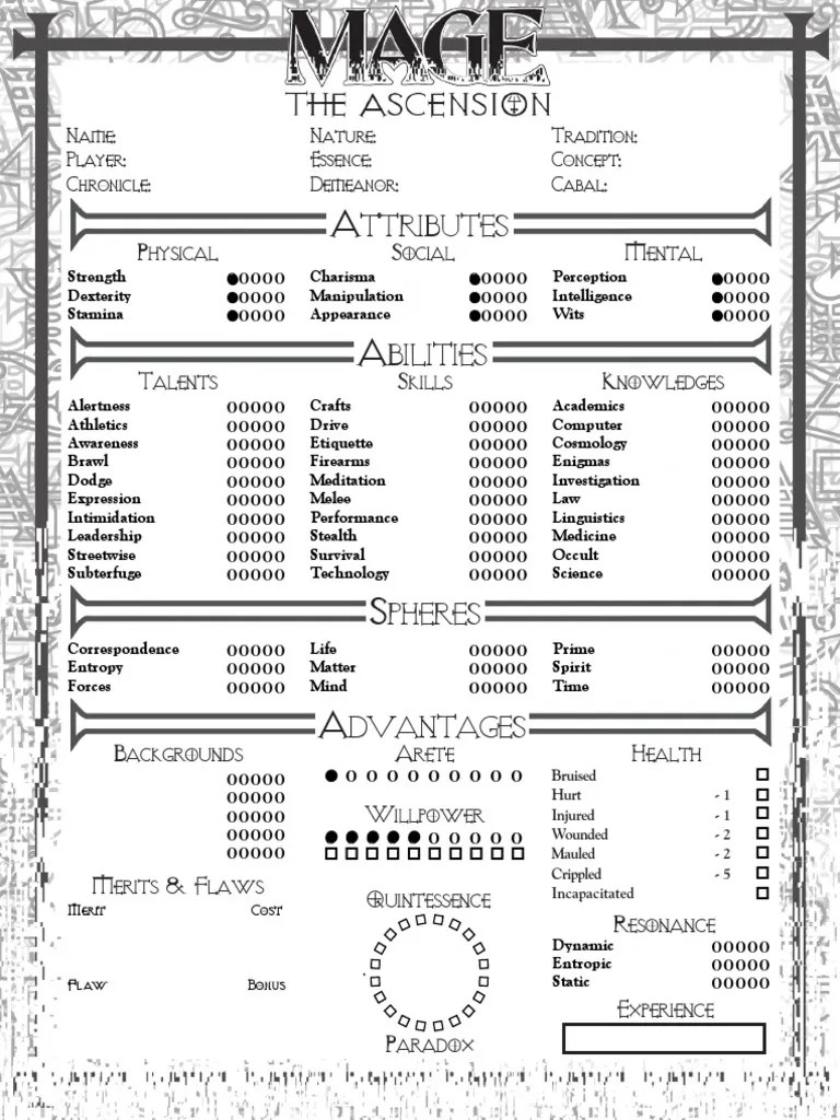 Mage 1 ASCENSION CHARACTER SHEET EDITABLE Leisure
