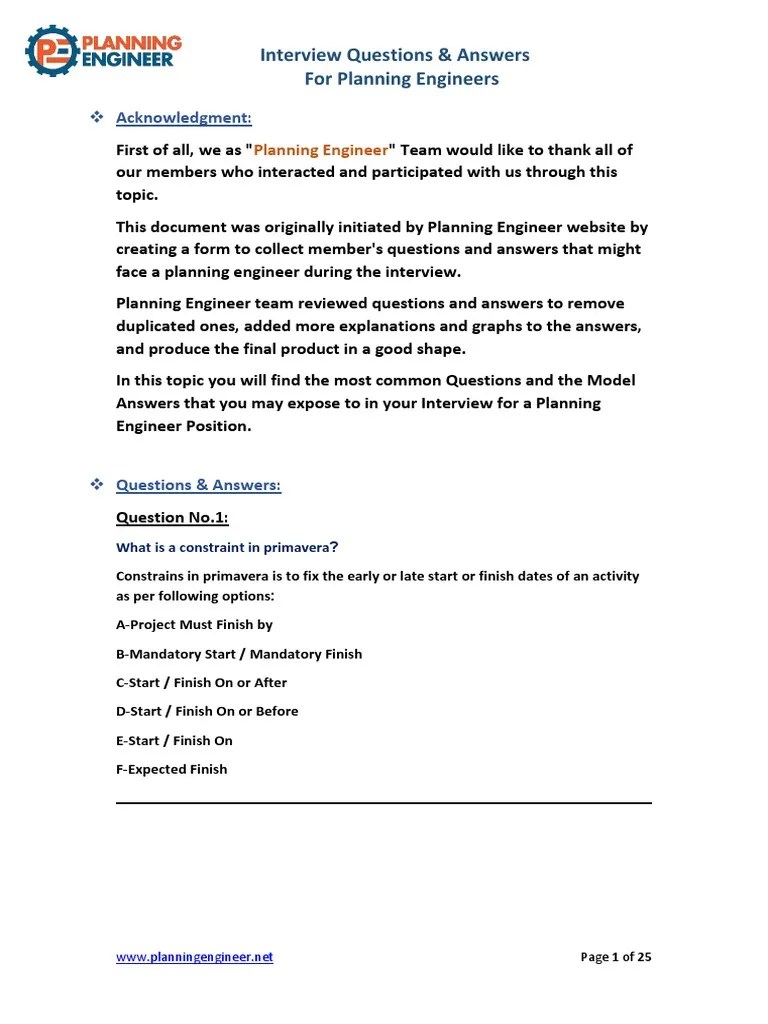 Interview Questions Answers for Planning Engineers R.00222 Project