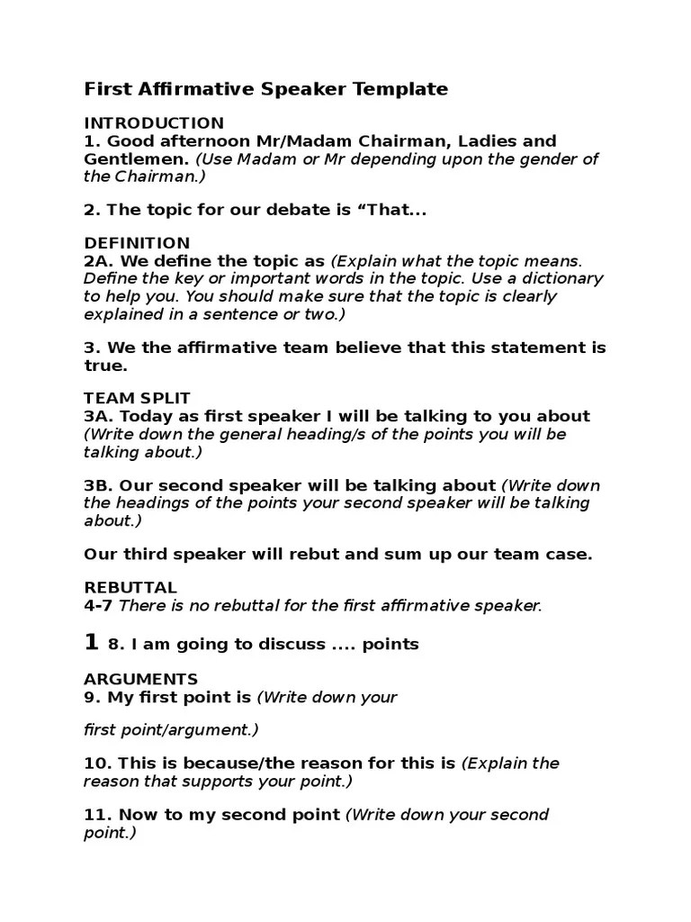 First Affirmative Speaker Template Argument Public Speaking