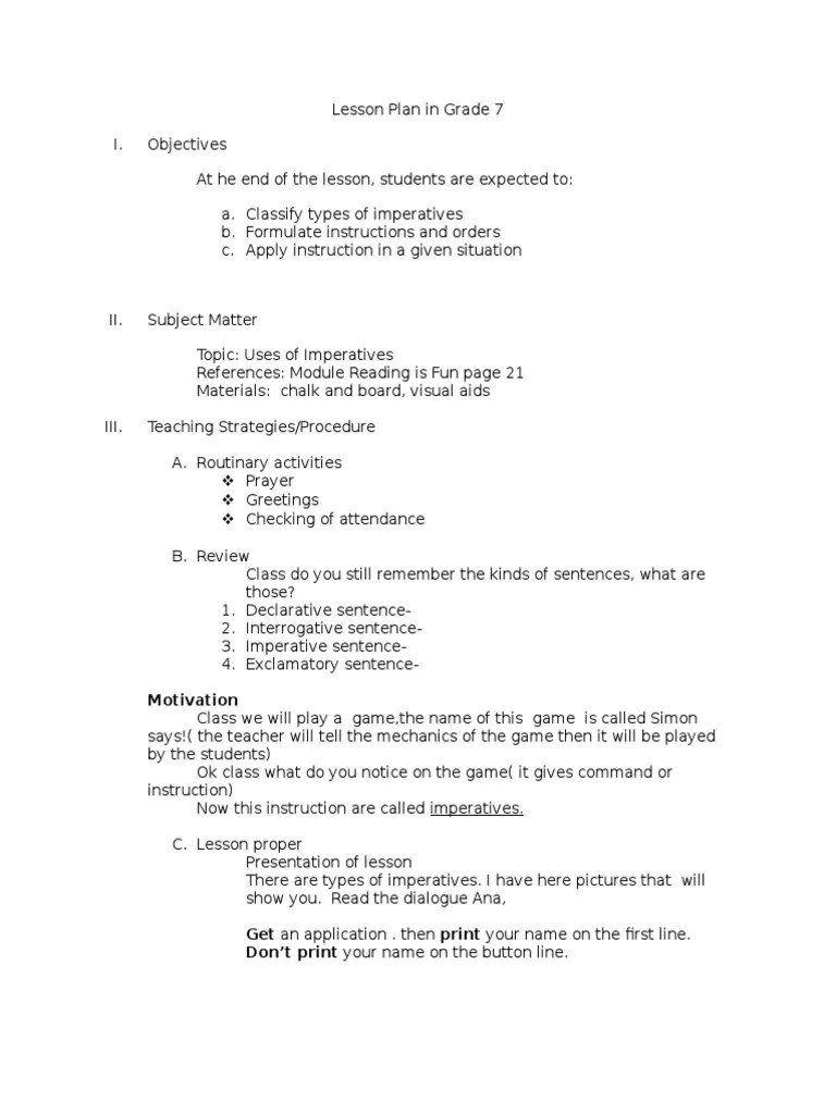 For Demo Imperatives | Pdf | Sentence (Linguistics) | Lesson Plan