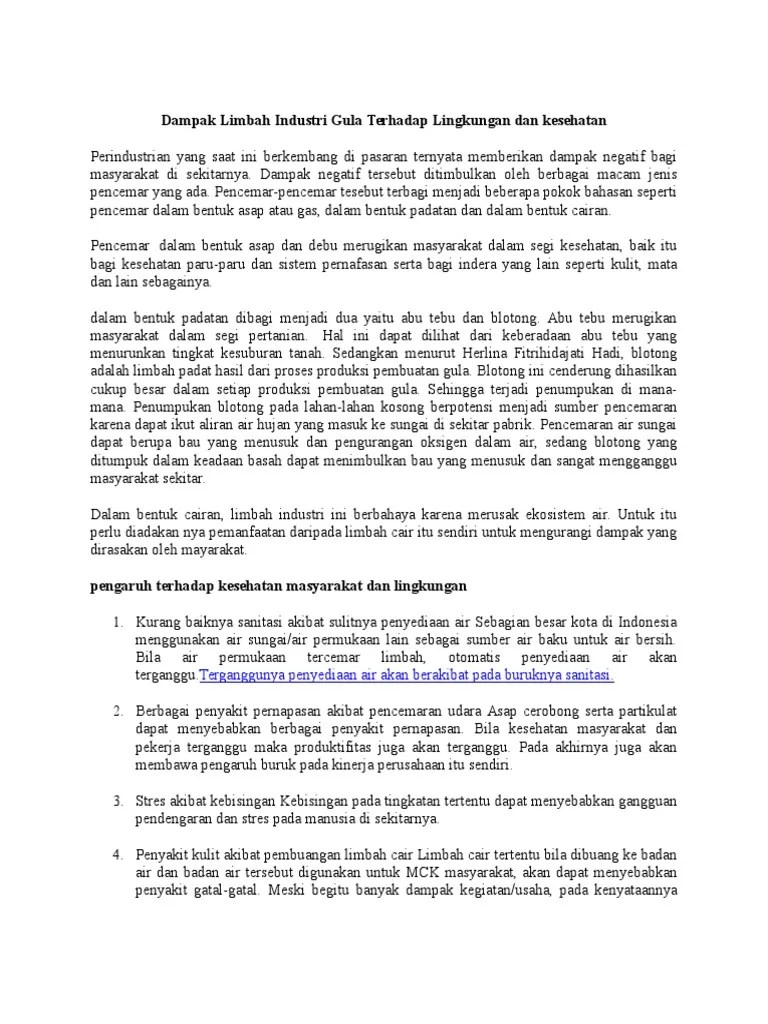 Dampak Limbah Industri Gula Terhadap Lingkungan Dan Kesehatan