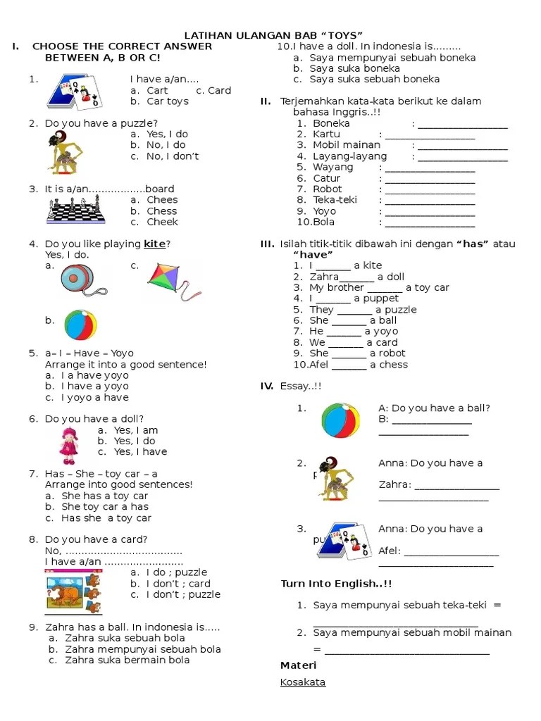 Soal Bahasa Inggris SD Kelas 2 Bab Toys | PDF