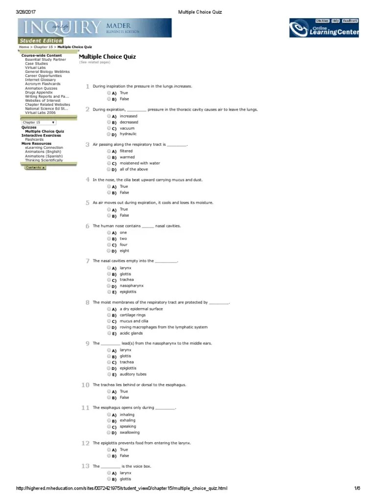 Multiple Choice Quiz Respiration PDF Hemoglobin Respiratory System
