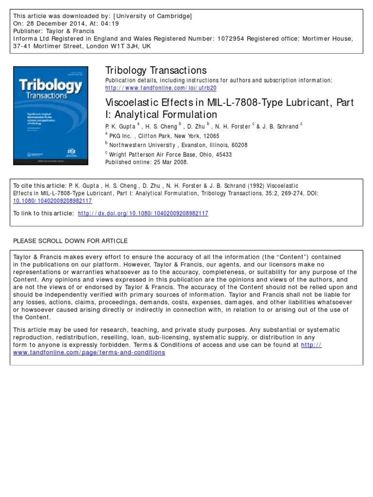 Viscoelastic Effects in MILL7808Type Lubricant, Part I Analytical