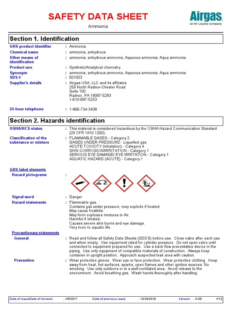 MSDS Ammonia Personal Protective Equipment Toxicity