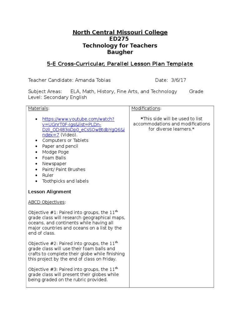 ed275 5e cross curricular parallel lesson plan template amanda tobias Lesson Plan Map