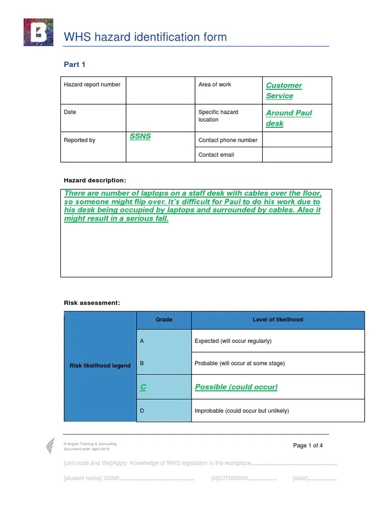 WHS Hazard Identification Form Occupational Safety And Health Risk