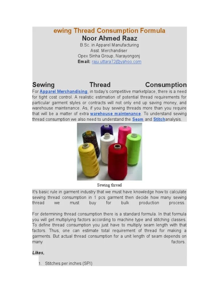 Ewing Thread Consumption Formula PDF Seam (Sewing) Sewing