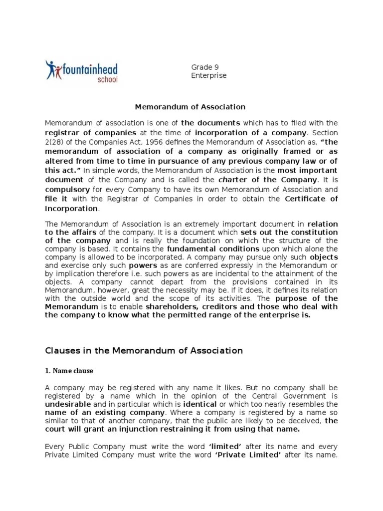 Clauses in The Memorandum of Association 1. Name Clause PDF