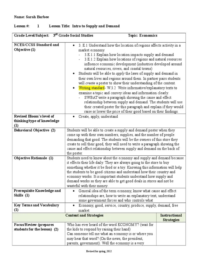 social studies supply and demand lesson plan Supply And Demand
