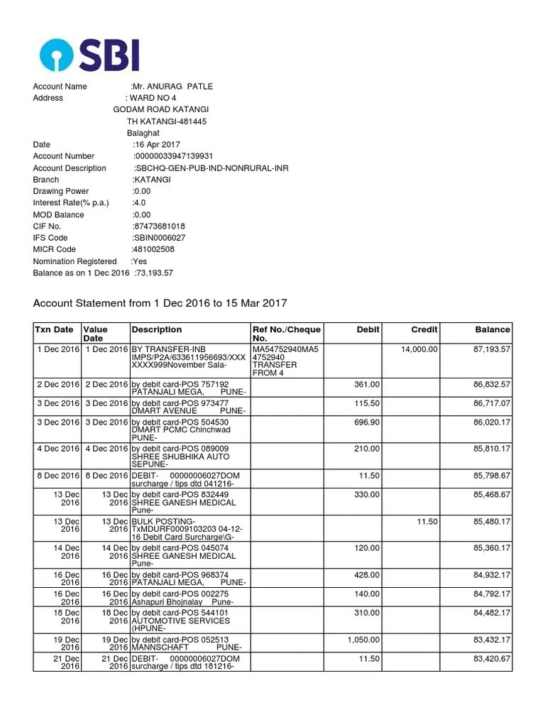 SBI Account Statement 1Dec2016 to 15Mar 2017 Debit Card Credit Card