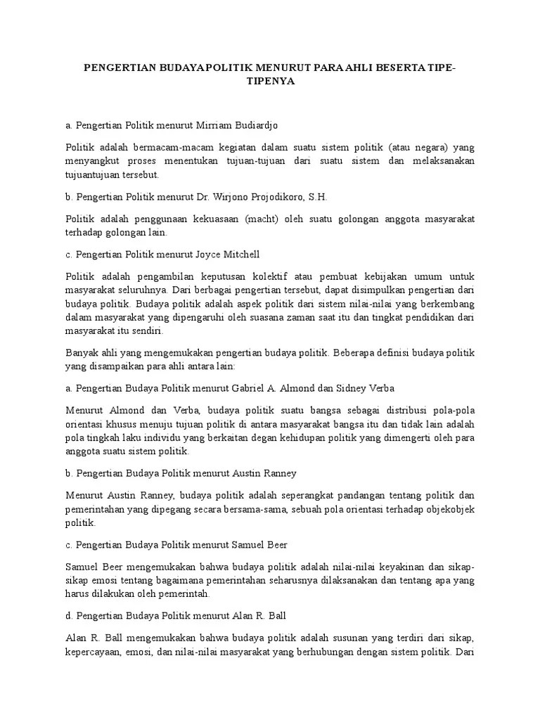 Pengertian Budaya Politik Menurut para Ahli Beserta Tipe | PDF