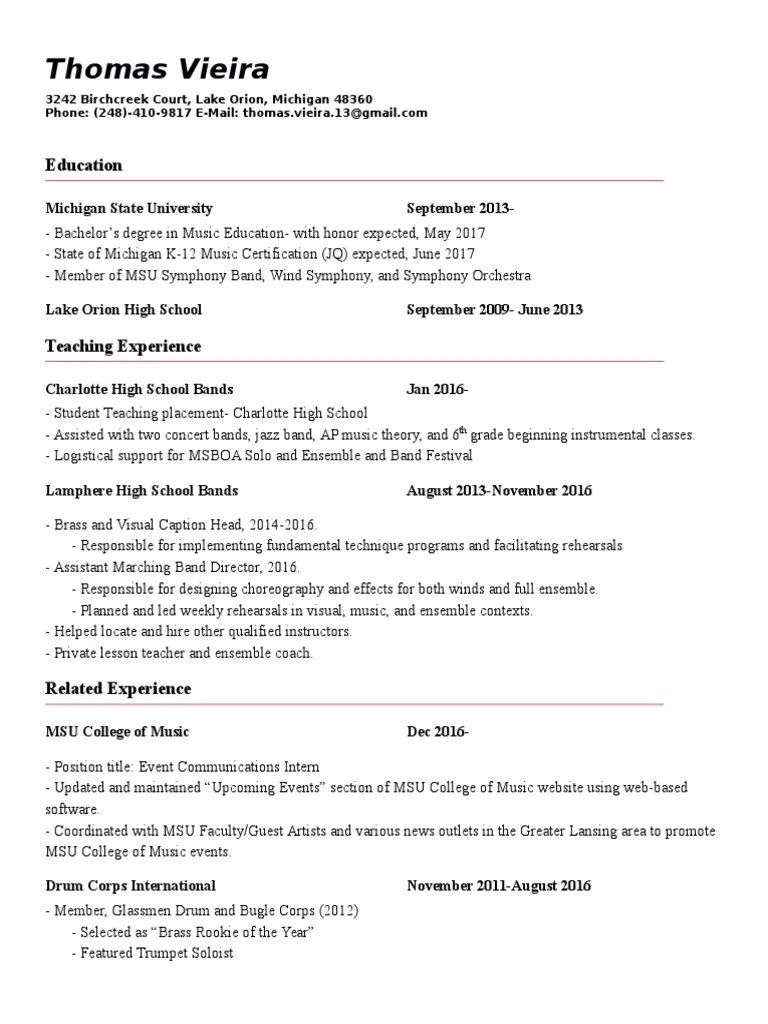resume with references | Michigan State University | Music Education