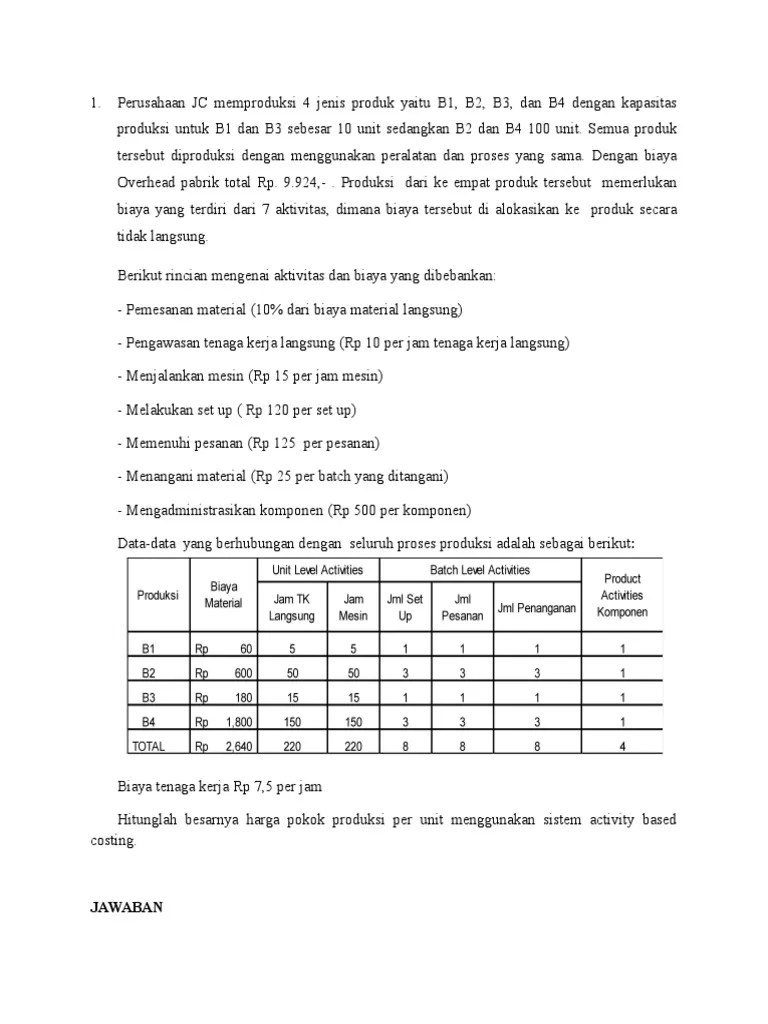 Contoh Soal Activity Based Costing Dan Jawaban Jawaban Soal