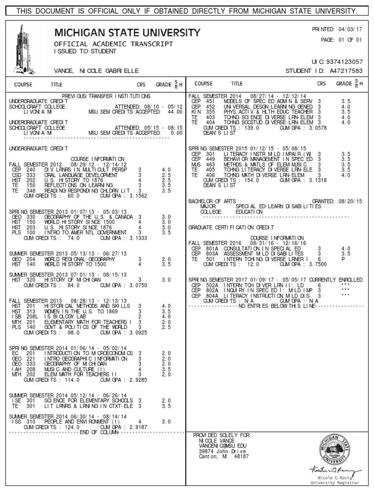 officialtranscript Michigan State University Academic Term