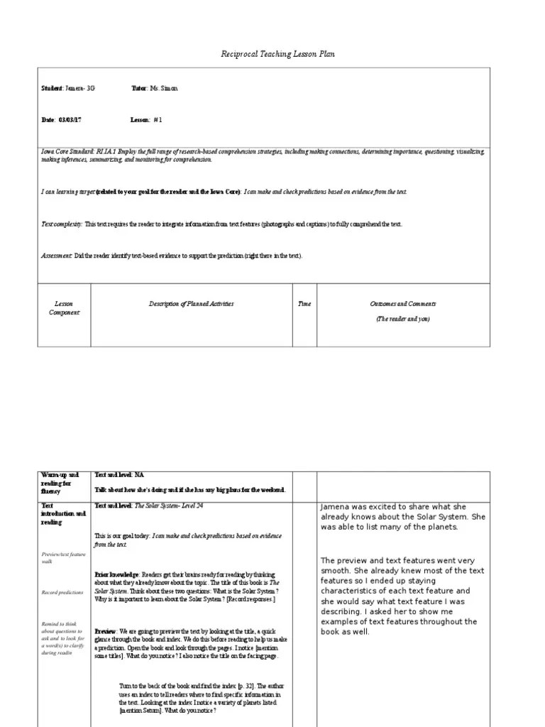 Reciprocal Teaching Lesson Plan Student Jamera3G Tutor Ms. Simon PDF Reading