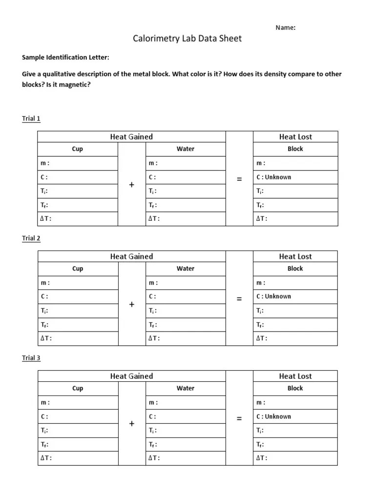 Calorimetry Lab Data Sheet PDF Branches Of Thermodynamics Heat
