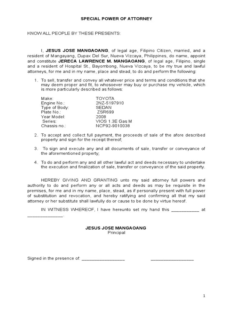 SPA to Sell Vehicle Power Of Attorney Deed