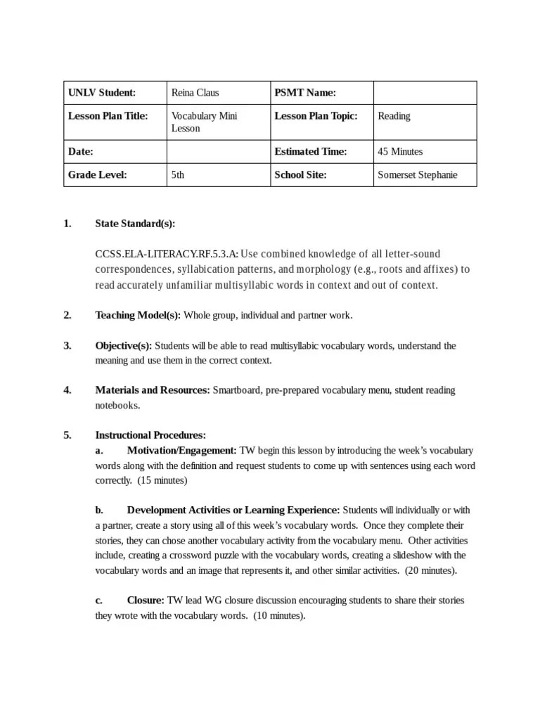 Vocabulary Mini Lesson 2 PDF Vocabulary Lesson Plan