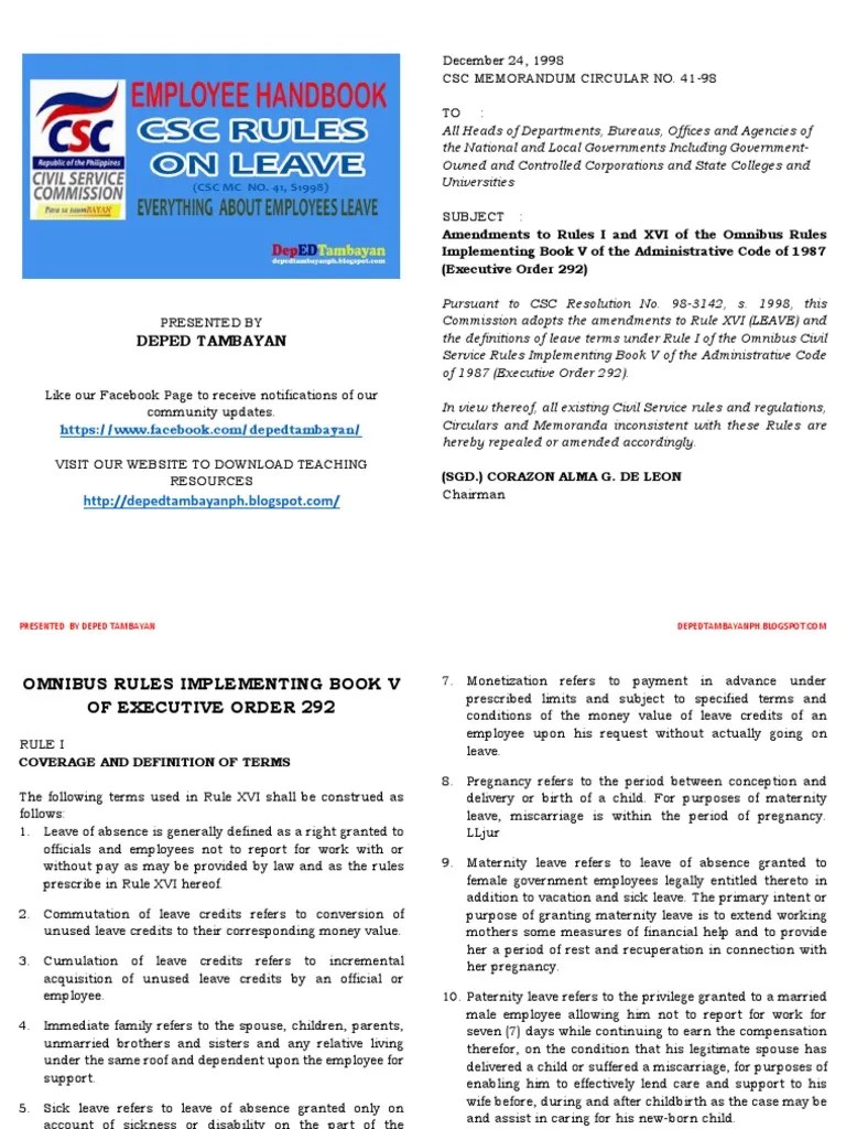 CSC Rules on Leave Handbook Sick Leave Leave Of Absence