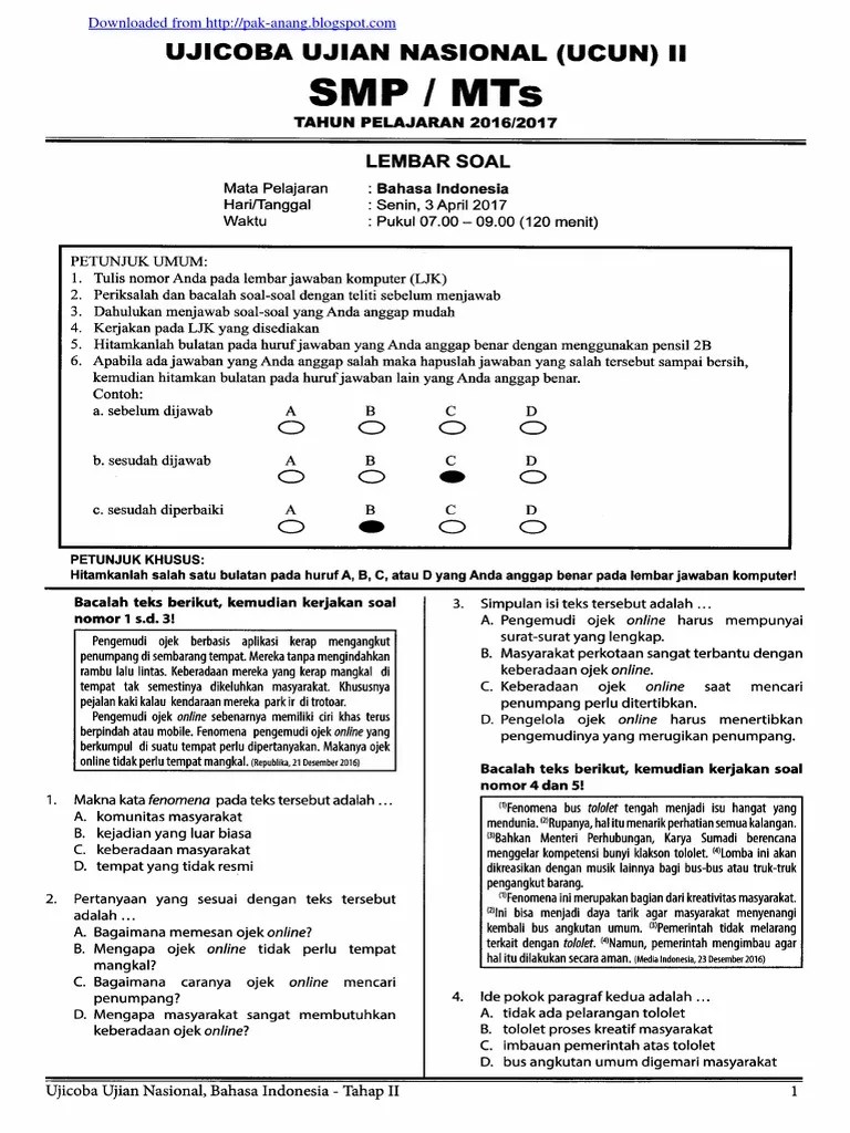 Kunci Jawaban Uji Coba Ujian Nasional 2017 - Kemendikbud