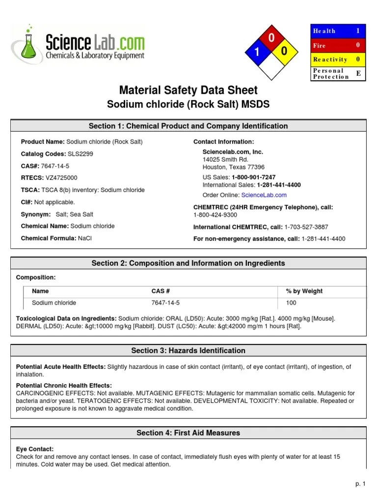 Salt Msds Toxicity Personal Protective Equipment
