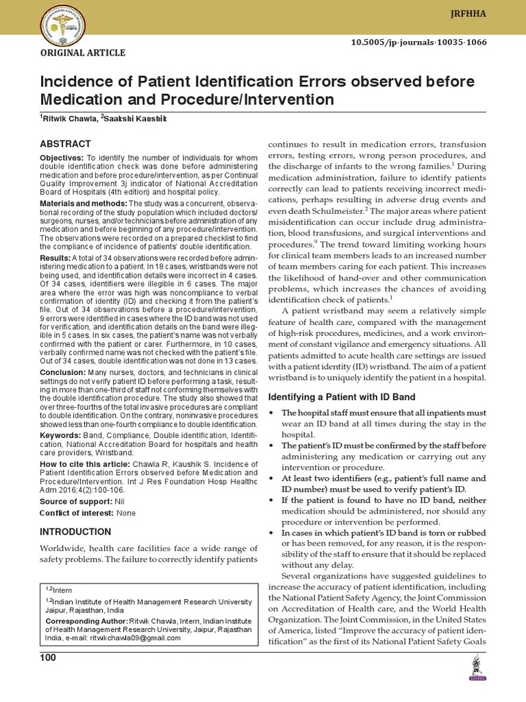 Incidence of Patient Identification Errors Observed Before Medication