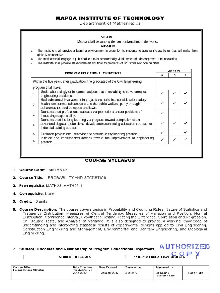 Syllabus MATH 305 4Q 201617 Statistical Hypothesis