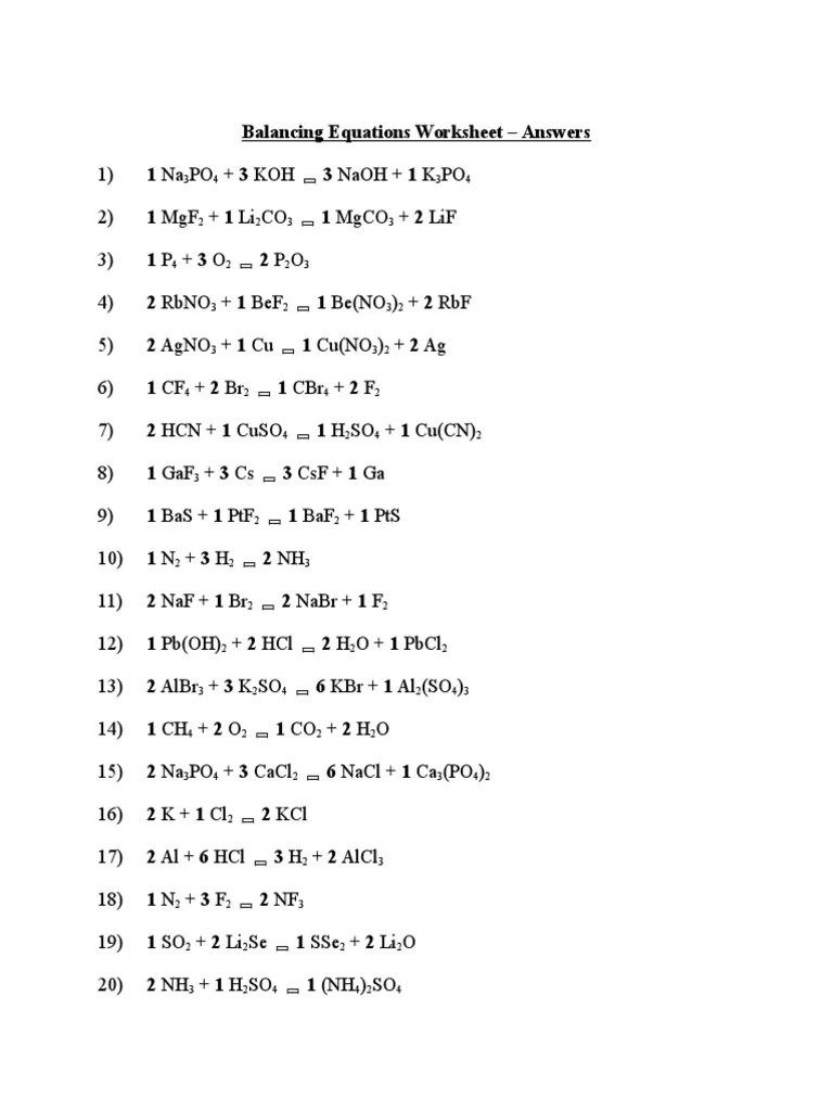 Balancing Equations Worksheet Answers 1 15