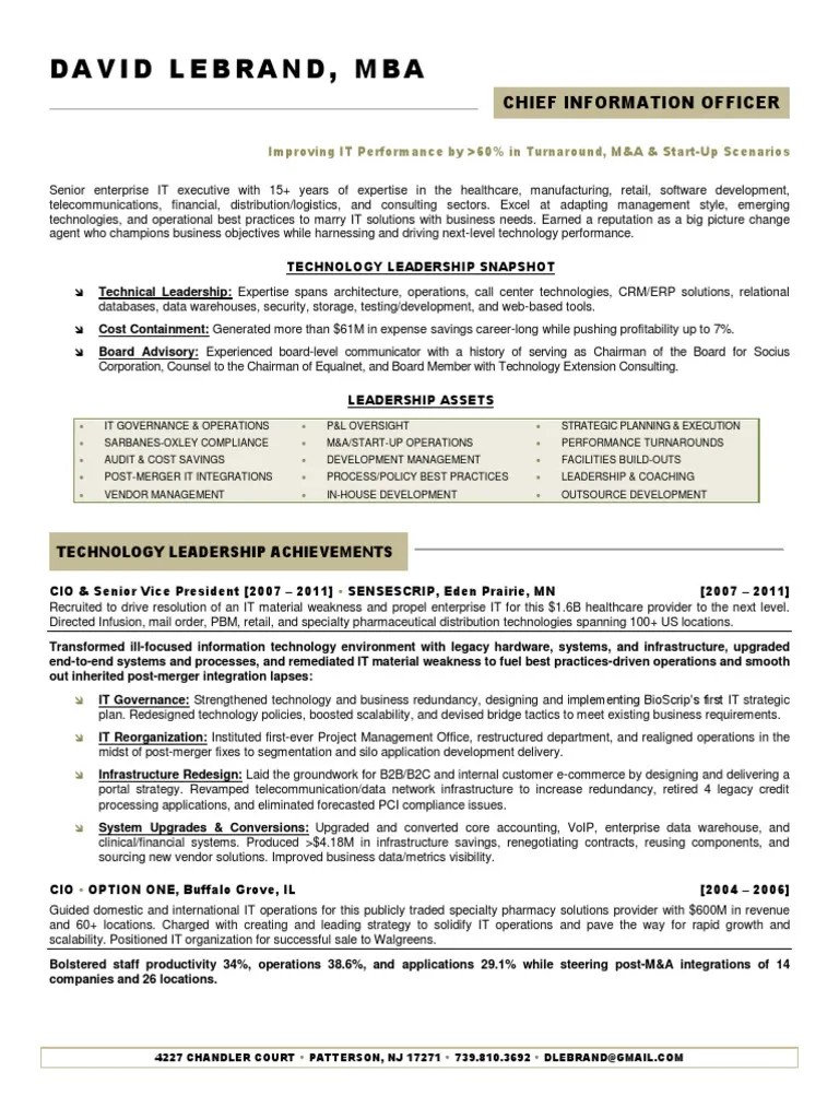 CIO Resume Sample | Chief Information Officer | Data Center
